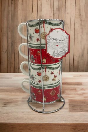 Blanc Mariclo’ A37260 Set 4 Tazze con supporto Natale Ceramica